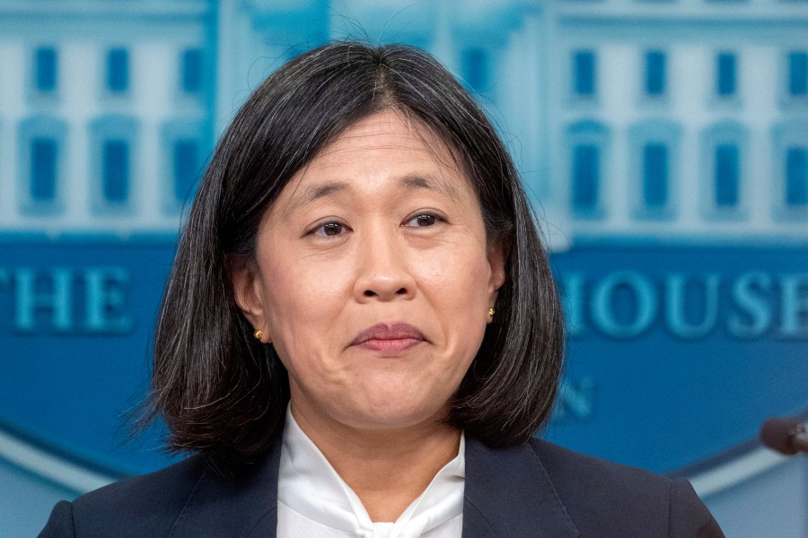 FILE - U.S. Trade Representative Katherine Tai speaks with reporters in the James Brady Press Briefing Room at the White House, May 14, 2024, in Washington. (AP Photo/Alex Brandon, File)