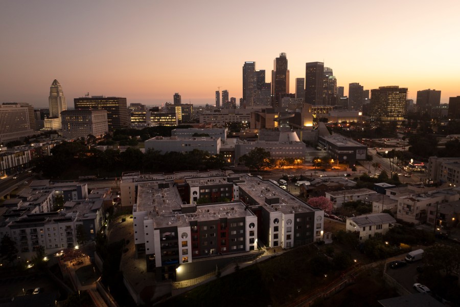 An aerial view shows Hillside Villa, bottom center, an apartment complex where Marina Maalouf is a longtime tenant, in Los Angeles, Tuesday, Oct. 1, 2024. (AP Photo/Jae C. Hong)