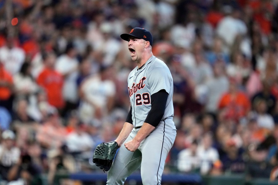 FILE - Detroit Tigers starting pitcher Tarik Skubal reacts after striking out Houston Astros' Yainer Diaz during the sixth inning of Game 1 of an AL Wild Card Series baseball game, Tuesday, Oct. 1, 2024, in Houston. (AP Photo/Kevin M. Cox, File)