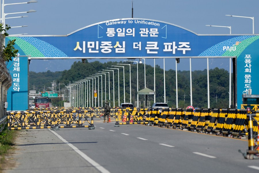 Barricades are placed near the Unification Bridge, which leads to the Panmunjom in the Demilitarized Zone in Paju, South Korea, Wednesday, Oct. 9, 2024. (AP Photo/Lee Jin-man)