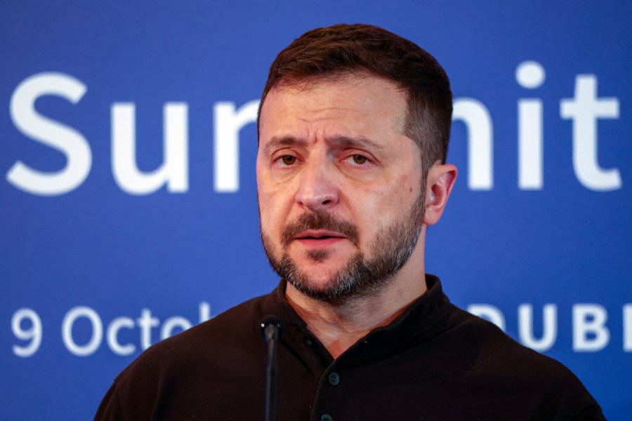 Ukrainian President Volodymyr Zelenskyy attends a news conference after the Southeast Europe Croatia Ukraine summit in Dubrovnik, Croatia, Wednesday, Oct. 9, 2024. (AP Photo)