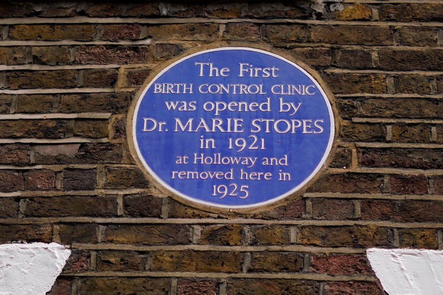 A plaque shows the site of the first birth control clinic, opened by Dr Marie Stopes, in London, Thursday, Oct. 31, 2024. A British ban on protesting outside abortion clinics went into effect on Thursday, though it left a question mark over whether anti-abortion demonstrators who pray silently will be breaking the law. (AP Photo/Alberto Pezzali)