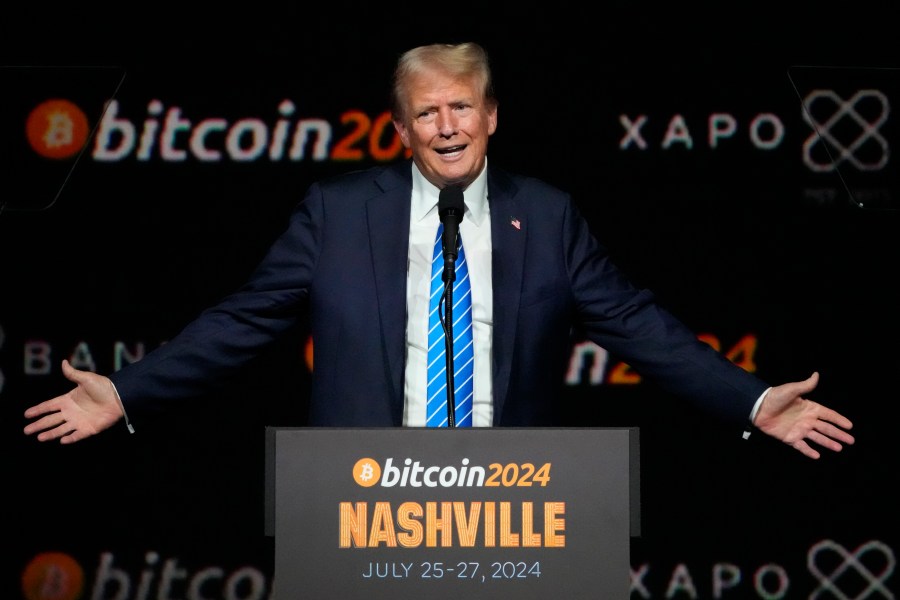 FILE -Republican presidential candidate former President Donald Trump speaks at the Bitcoin 2024 Conference, July 27, 2024, in Nashville, Tenn. (AP Photo/Mark Humphrey, File)