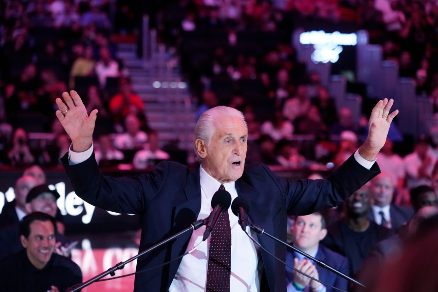 The Miami Heat president Pat Riley speaks during a halftime ceremony to commemorate the start of Riley's 30th season with the franchise, as the Heat unveiled the Pat Riley Court during an NBA basketball game between the Heat and the Orlando Magic, Wednesday, Oct. 23, 2024, in Miami. (AP Photo/Wilfredo Lee)