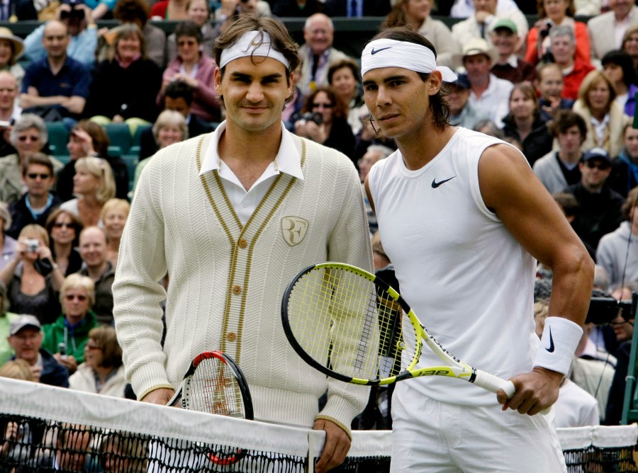 FILE - Switzerland's Roger Federer left, and Spain's Rafael Nadal pose for a photo prior to the start of the men's singles final on the Centre Court at Wimbledon, July 6, 2008 (AP Photo/Anja Niedringhaus, File)