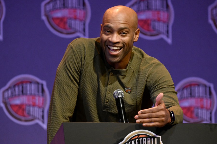 FILE - Basketball Hall of Fame Class of 2024 inductee Vince Carter speaks at a hall of fame news conference at Mohegan Sun, Saturday, Oct. 12, 2024, in Uncasville, Conn. (AP Photo/Jessica Hill, File)