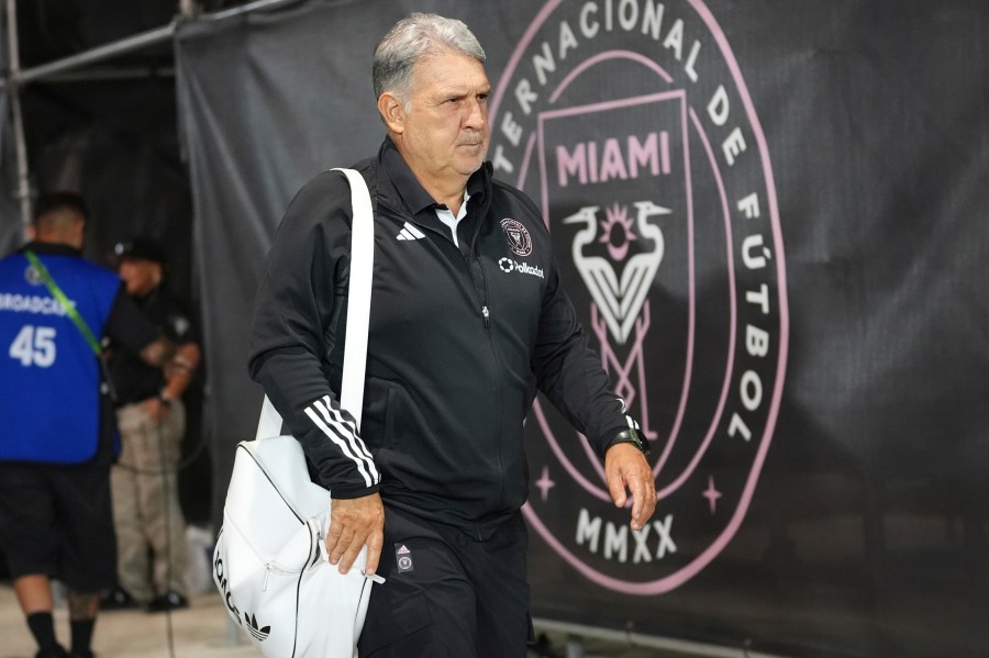 Inter Miami head coach Gerardo "Tata" Martino arrives for an MLS playoff opening round soccer match against the Atlanta United, Saturday, Nov. 9, 2024, in Fort Lauderdale, Fla. (AP Photo/Lynne Sladky)