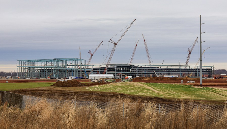 FILE - Construction continues on the first of two manufacturing plants as part of the BlueOval SK Battery Park in Glendale, Ky., Dec. 5, 2022. (Gina Clear/The News-Enterprise via AP, File)