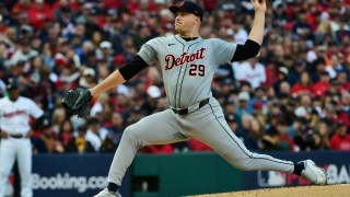 FILE - Detroit Tigers' Tarik Skubal pitches during a baseball game, Oct. 7, 2024, in Cleveland. (AP Photo/Phil Long, File)