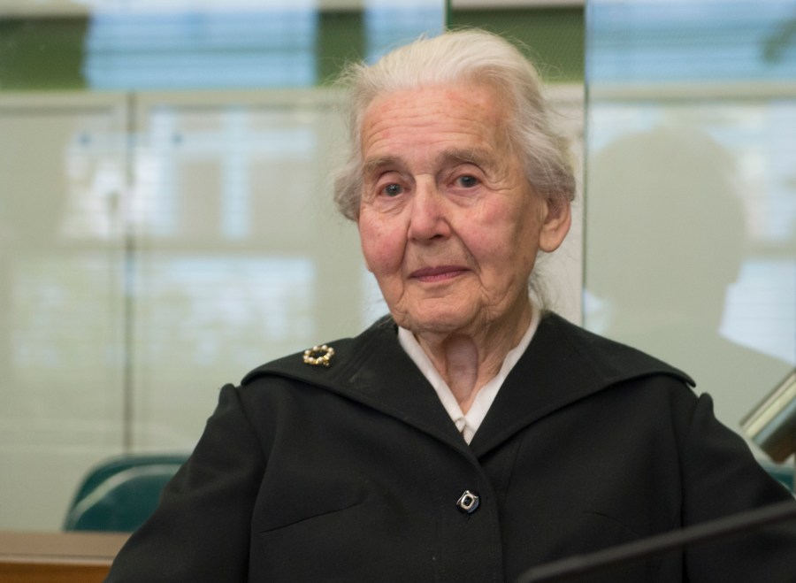 FILE -Ursula Haverbeck arrives in the Tiergarten District Court in Berlin, Germany, Oct. 16, 2017. (Paul Zinken/dpa via AP, File)