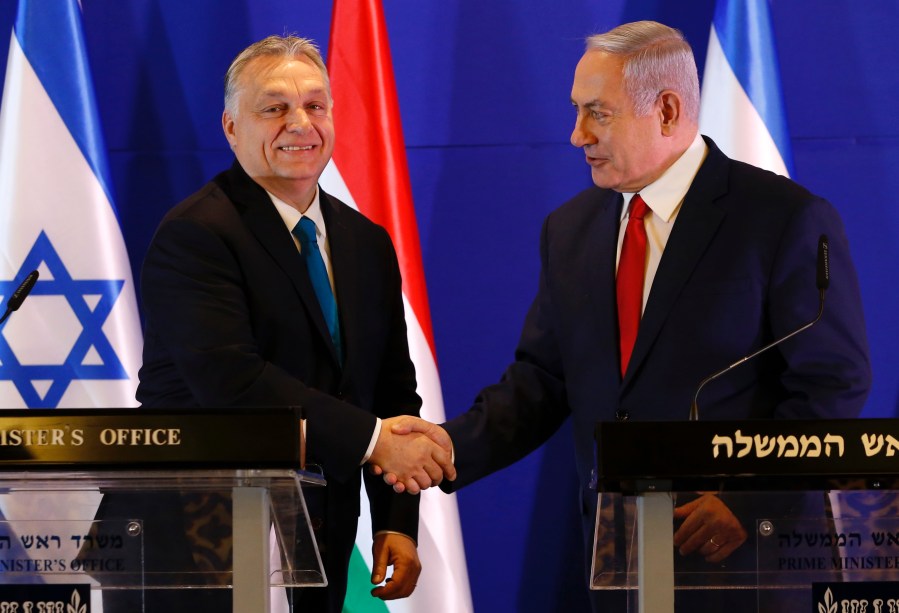 FILE - Hungarian Prime Minister Viktor Orban, left, and Israeli Prime Minister Benjamin Netanyahu attend a press conference after their meeting in Jerusalem, Tuesday, Feb. 19, 2019. (AP Photo/Ariel Schalit, Pool, File)