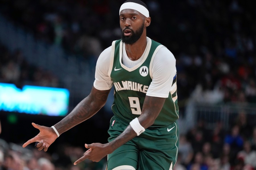 Milwaukee Bucks' Bobby Portis reacts to his three pointer during the first half of an NBA basketball game Wednesday, Nov. 20, 2024, in Milwaukee. (AP Photo/Morry Gash)