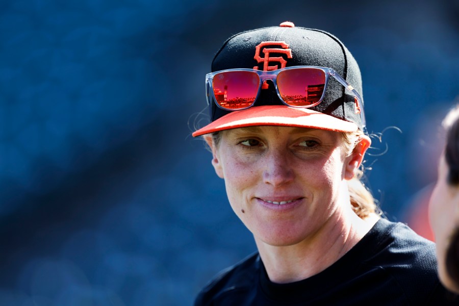 FILE - San Francisco Giants assistant baseball coach Alyssa Nakken speaks to a reporter in San Francisco, July 7, 2023. (AP Photo/Josie Lepe, File)