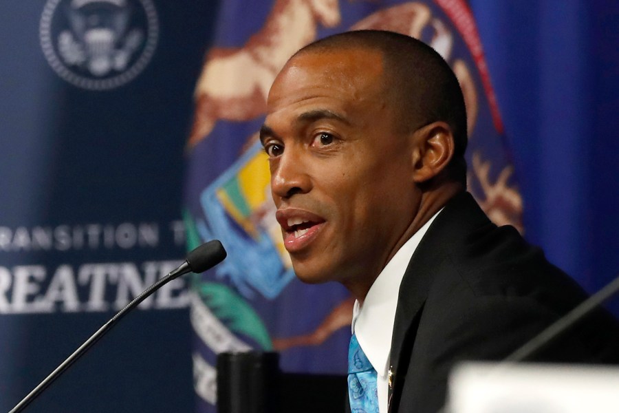 FILE - Scott Turner, the executive director of the White House Opportunity and Revitalization Council, speaks during a listening session with African-American leaders, May 21, 2020, in Ypsilanti, Mich. (AP Photo/Alex Brandon, File)