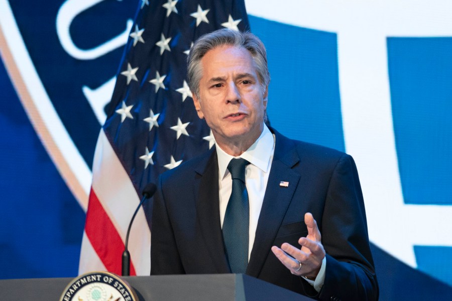 Secretary of State Antony Blinken speaks at the Overseas Security Advisory Council (OSAC) annual briefing at Amazon headquarters in Arlington, Va., Thursday, Nov. 21, 2024. (AP Photo/Jose Luis Magana)