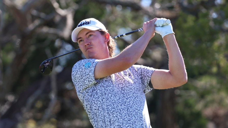 Maverick McNealy drives from the second tee during the final final round of the RSM Classic golf tournament, Sunday, Nov. 24, 2024, in St. Simons Island, Ga. (AP Photo/Gary McCullough)