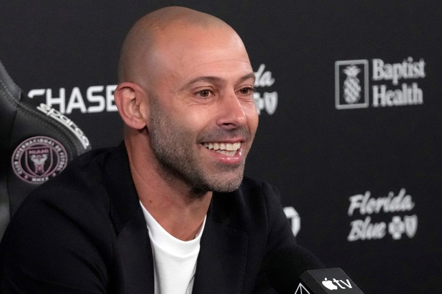 Inter Miami's new head coach Javier Mascherano speaks during an MLS soccer news conference, Tuesday, Dec. 3, 2024, in Fort Lauderdale, Fla. (AP Photo/Wilfredo Lee)