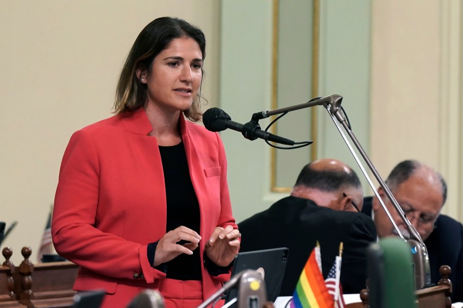 FILE - Assemblywoman Rebecca Bauer-Kahan, D-Orinda, speaks during the Assembly session in Sacramento, Calif., on Monday, May 23, 2022. (AP Photo/Rich Pedroncelli, File)