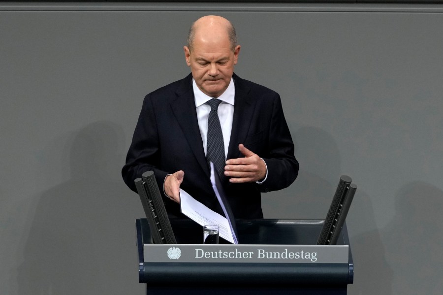 German Chancellor Olaf Scholz speaks during a plenary session at the German parliament Bundestag where he faces a vote of confidence, Berlin, Germany, Monday, Dec. 16, 2024. (AP Photo/Markus Schreiber)