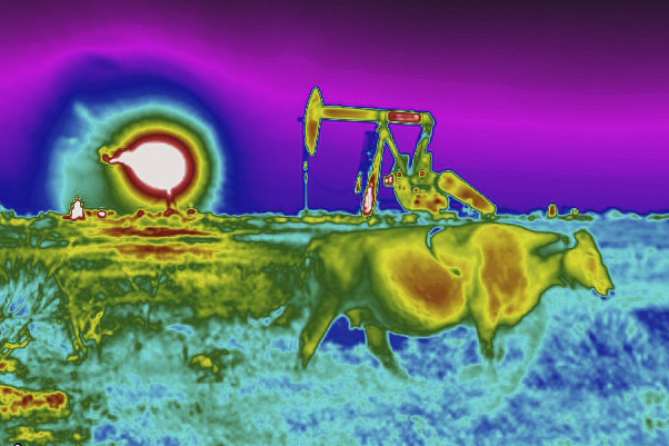 FILE - In this photo made with an Optical Gas Imaging thermal camera, a plume of heat from a flare burning off methane and other hydrocarbons is detected in the background next to an oil pumpjack as a cow walks through a field in the Permian Basin in Jal, N.M., Oct. 14, 2021. (AP Photo/David Goldman, File)