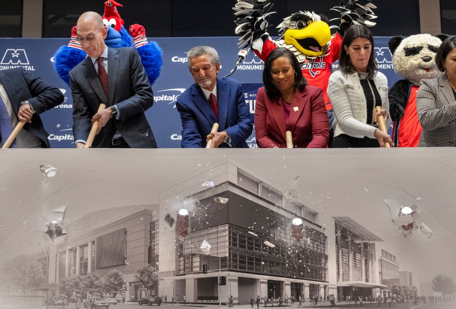 From left, NBA Commissioner Adam Silver, Ted Leonsis, owner of the Washington Wizards NBA basketball team and Washington Capitals NHL hockey team, Washington DC Mayor Muriel Bowser, and Washington DC Councilmember Brooke Pinto, sledgehammer through a printed piece of drywall during a ceremonial first swing of demolition, at an event announcing a new Capital One Arena Gallery Place Atrium, Thursday, Dec. 19, 2024, in Washington. (AP Photo/Jacquelyn Martin)