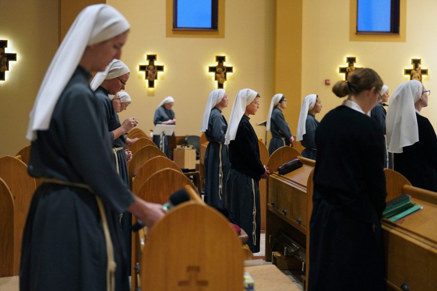 The Franciscan Sisters, T.O.R. of Penance of the Sorrowful Mother, during morning prayer in the chapel of the motherhouse in Toronto, Ohio, Thursday, Nov. 7, 2024. (AP Photo/Jessie Wardarski)