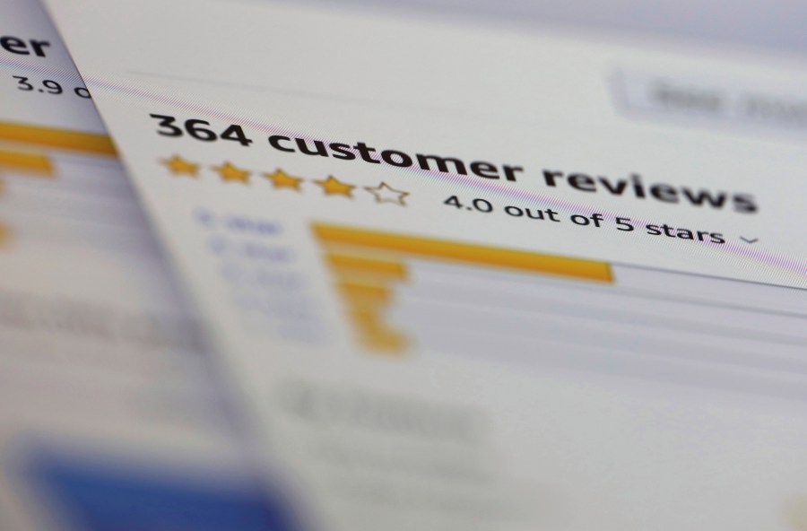 FILE - Online customer reviews for a product are displayed on a computer on April 17, 2019 in New York.(AP Photo/Jenny Kane, File)