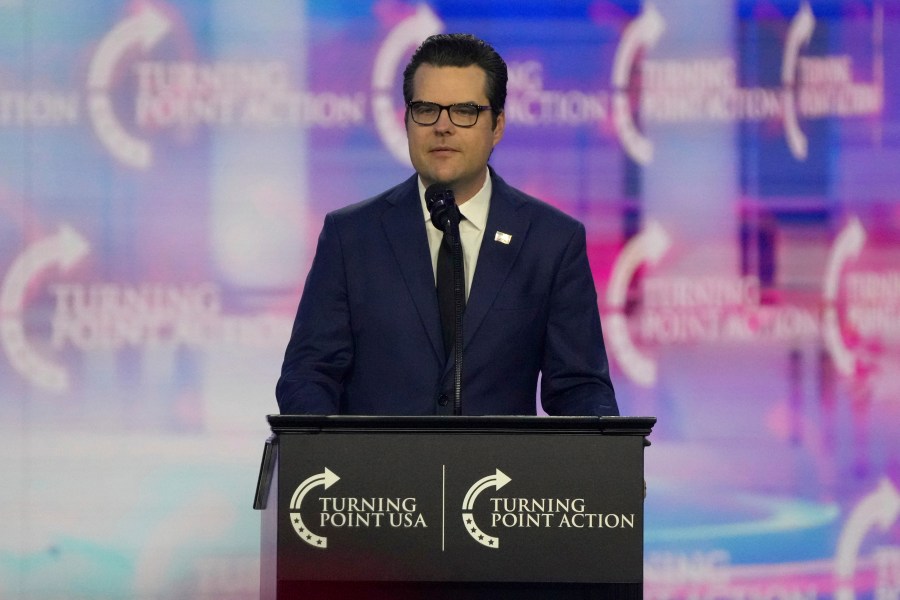 Former Rep. Matt Gaetz, R- Fla., speaks at AmericaFest, Sunday, Dec. 22, 2024, in Phoenix. (AP Photo/Rick Scuteri)